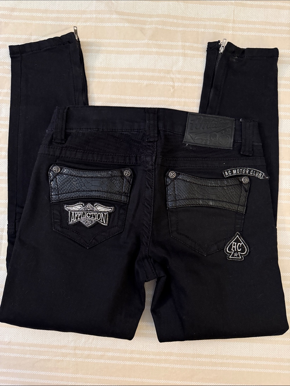 Affliction “Raquel”Skinny Black Moto Pocket Detail Jeans